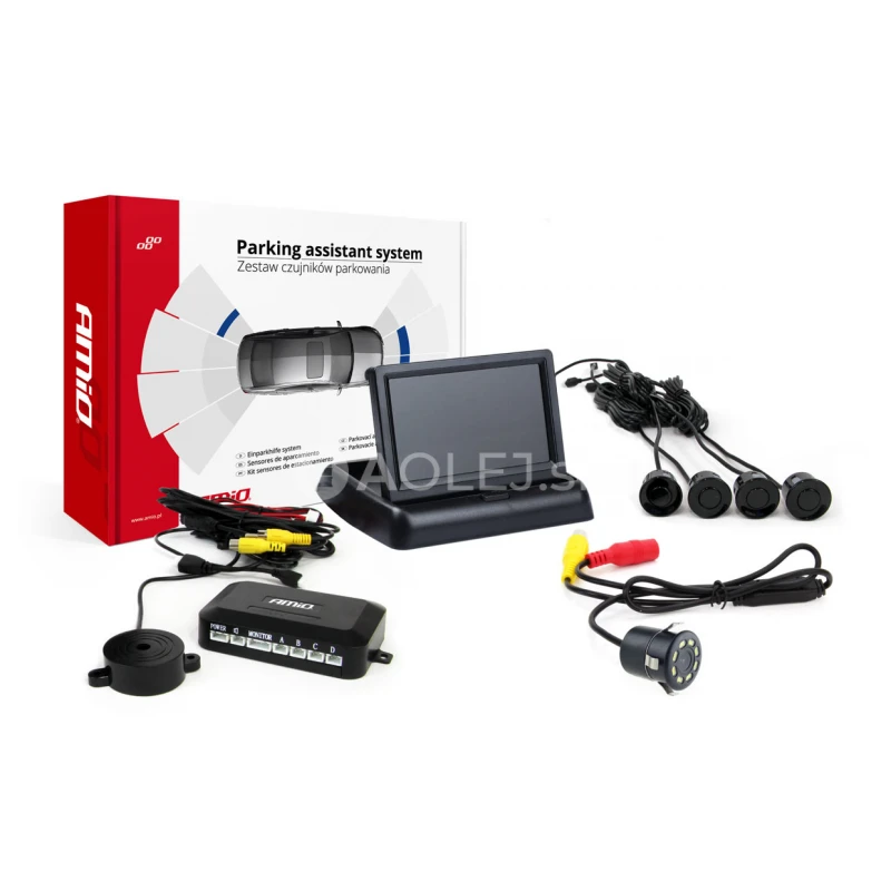 Parkovací asistent TFT02 4,3” s kamerou HD-308-LED 4-senzorové, čierne