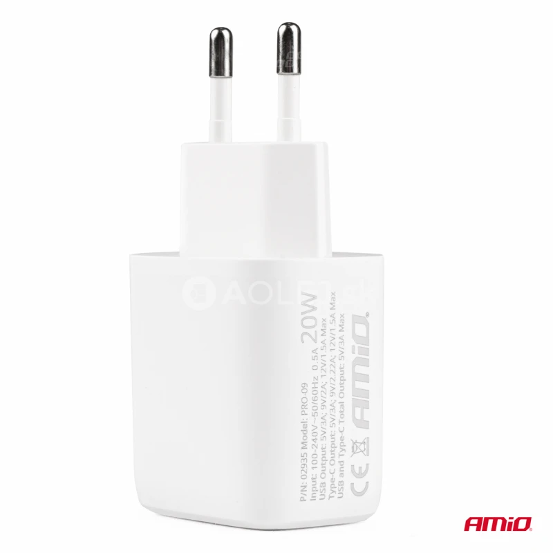 Sieťová nabíjačka PRO-09 USB+USB-C 20W Quick Charge 230V