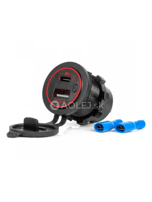 Vodotesná telefónna nabíjačka s ČERVENÝM LED podsvietením 2xUSB QC3.0 12/24V AMIO-04221