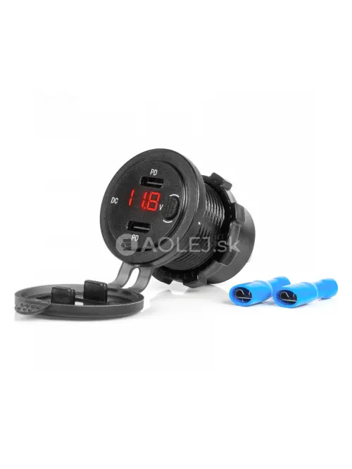 Vodotesná telefónna nabíjačka so spínačom ČERVENÝ LED indikátor digitálny voltometer 2xUSB C 12/24V AMIO-04226