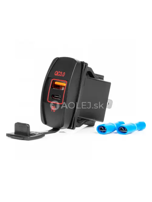 Vodotesná nabíjačka na telefón v tvare lode s ČERVENÝM LED podsvietením USB + USB C QC3.0 12/24V AMiO-04229