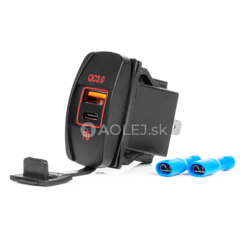 Vodotesná nabíjačka na telefón v tvare lode s ČERVENÝM LED podsvietením USB + USB C QC3.0 12/24V AMiO-04229