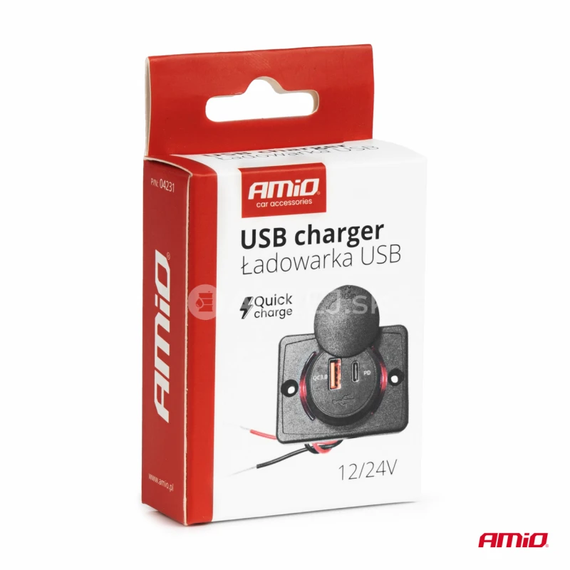 Vodotesná telefónna nabíjačka štvorcová s ČERVENÝM LED podsvietením USB + USB C QC3.0 12/24V AMiO-04231