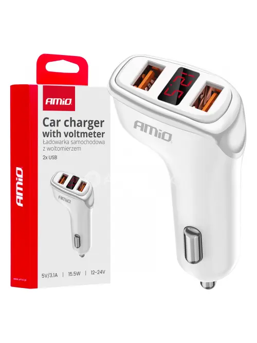 Nabíjačka do auta 2x USB-A + tester napätia akumulátora 3.1A 12/24V AMiO-03887