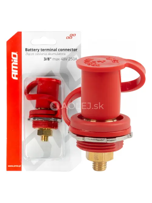Konektor napájania batérie červený s krytkou 3/8 M10 12V 24V 48V 250A AMIO-03814