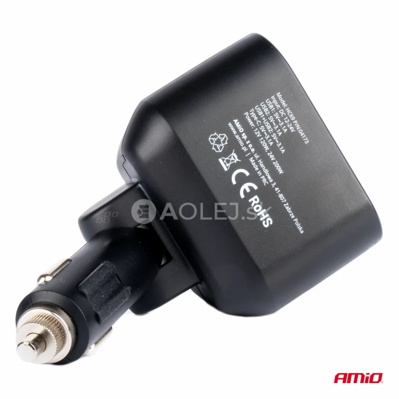 Dvojitá predlžovacia zásuvka 2xUSB 1xUSB C 12/24V max 200W AMIO-04173