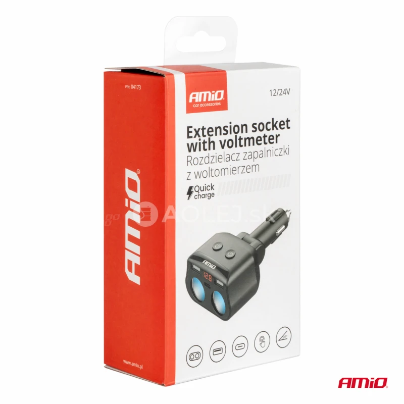 Dvojitá predlžovacia zásuvka 2xUSB 1xUSB C 12/24V max 200W AMIO-04173