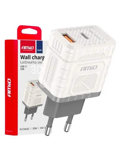 Nástenná nabíjačka Quick Charge GaN 30W USB-A + USB-C AMIO-04286