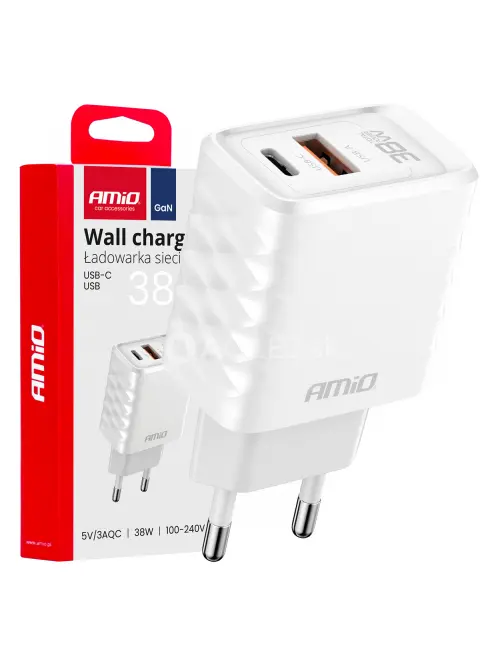 Nástenná nabíjačka Quick Charger GaN 38W USB-A + USB-C AMIO-04287