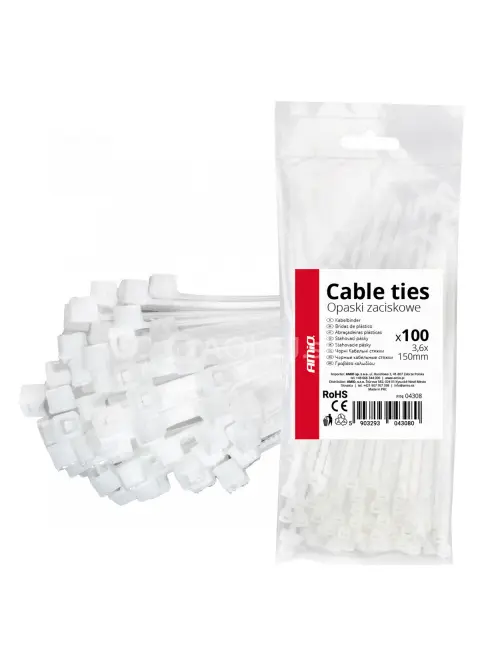 Biele k&aacute;blov&eacute; p&aacute;sky 3,6 &times; 150 mm 100 ks. AMIO-04308