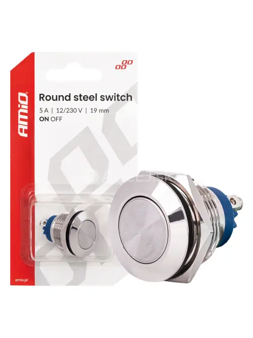 Prep&iacute;nač ploch&yacute; oceľov&yacute; ON/OFF 19mm 5A 12/230V AMiO-04474
