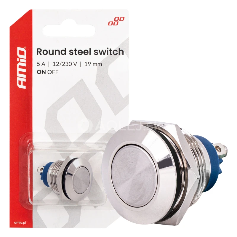 Prep&iacute;nač ploch&yacute; oceľov&yacute; ON/OFF 19mm 5A 12/230V AMiO-04474