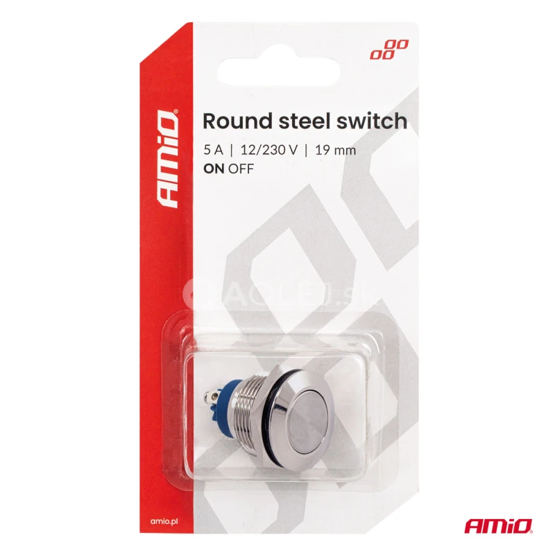 Prep&iacute;nač ploch&yacute; oceľov&yacute; ON/OFF 19mm 5A 12/230V AMiO-04474