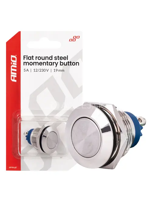 Momentov&eacute; tlačidlo ploch&eacute; okr&uacute;hle oceľov&eacute; 19 mm 5 A 12/230 V AMIO-04436