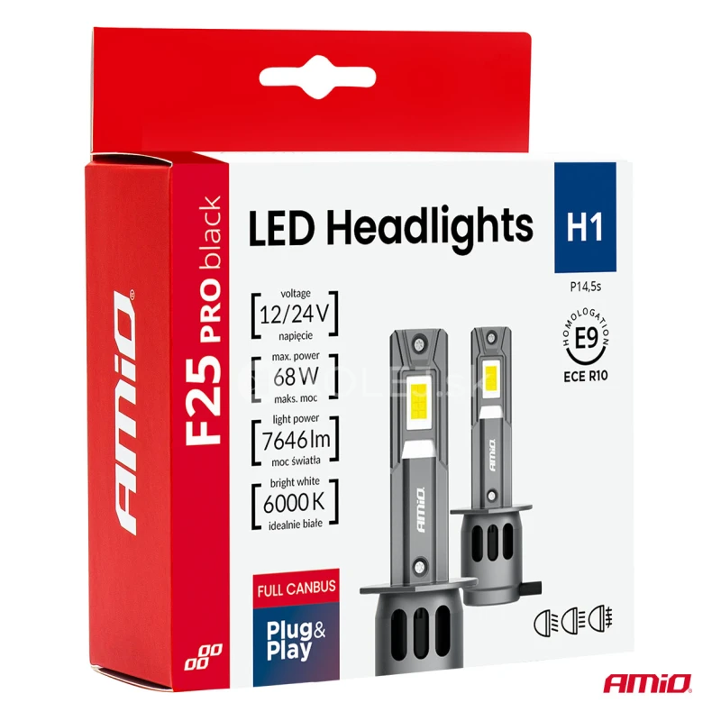 LED žiarovky hlavn&eacute;ho svietenia S&eacute;ria F25 PRO BLACK FULL CANBUS H1 68W 12V 24V AMIO-04717