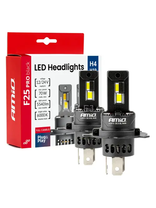 LED žiarovky hlavn&eacute;ho svietenia S&eacute;ria F25 PRO BLACK FULL CANBUS H4 H19 70W 12V 24V AMIO-04719