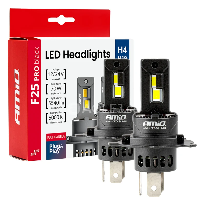LED žiarovky hlavn&eacute;ho svietenia S&eacute;ria F25 PRO BLACK FULL CANBUS H4 H19 70W 12V 24V AMIO-04719