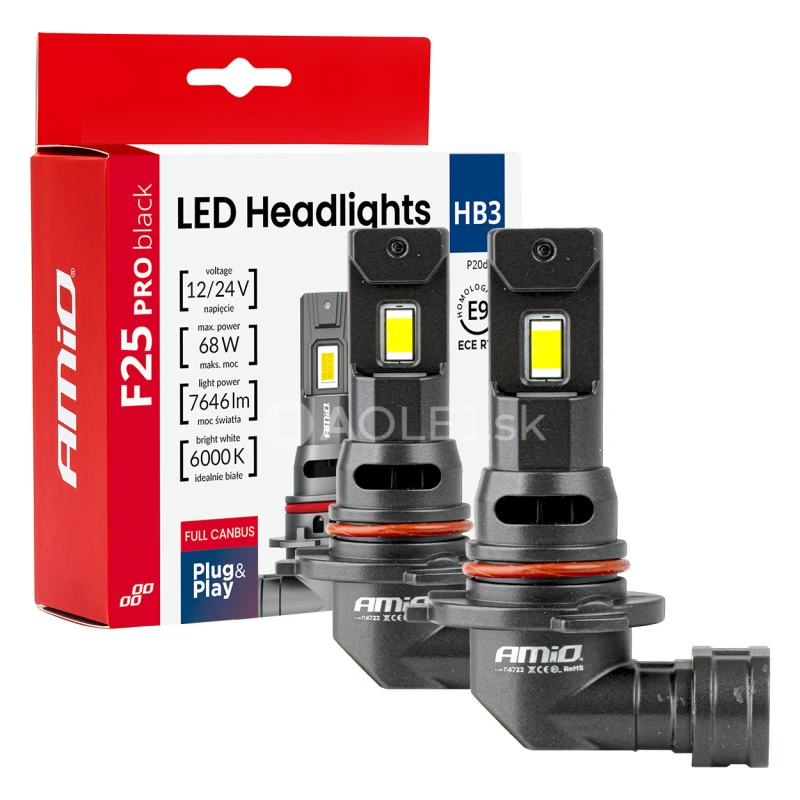 LED žiarovky hlavn&eacute;ho svietenia S&eacute;ria F25 PRO BLACK FULL CANBUS HB3 68W 12V 24V AMIO-04722