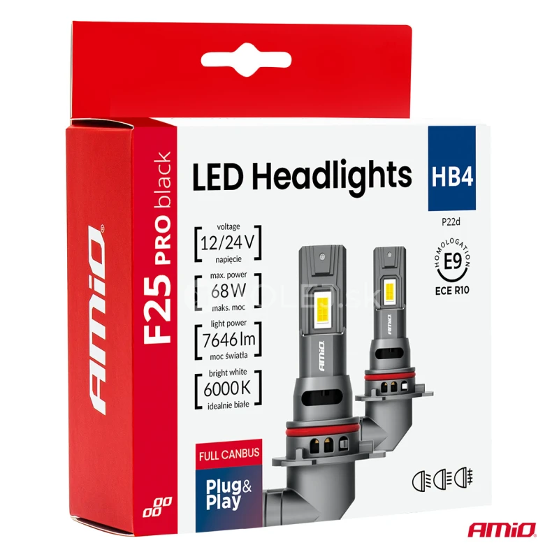 LED žiarovky hlavn&eacute;ho svietenia S&eacute;ria F25 PRO BLACK FULL CANBUS HB4 68W 12V 24V AMIO-04723