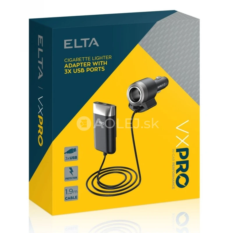 Elta VX Pro Nab&iacute;jačka do 12V z&aacute;suvky s 1+2 USB nab&iacute;jac&iacute;mi portami a 2m k&aacute;blom