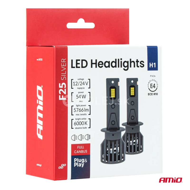 LED žiarovky hlavn&eacute;ho svietenia S&eacute;ria F25 SILVER FULL CANBUS H1 54W 12V 24V AMiO-04701