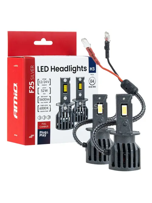 LED žiarovky hlavn&eacute;ho svietenia S&eacute;ria F25 SILVER FULL CANBUS H3 52W 12V 24V AMiO-04702