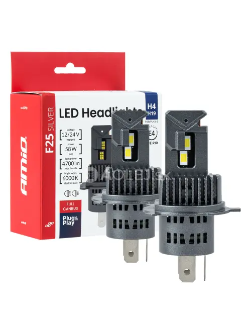 LED žiarovky hlavn&eacute;ho svietenia S&eacute;ria F25 SILVER FULL CANBUS H4/H19 54/58W 12V 24V AMiO-04703