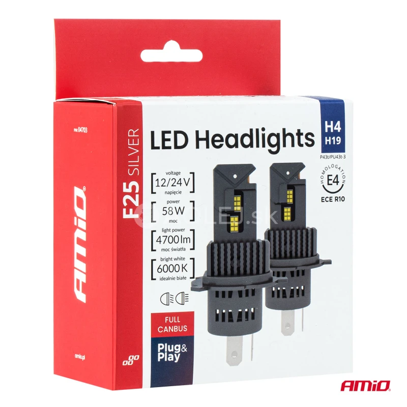 LED žiarovky hlavn&eacute;ho svietenia S&eacute;ria F25 SILVER FULL CANBUS H4/H19 54/58W 12V 24V AMiO-04703