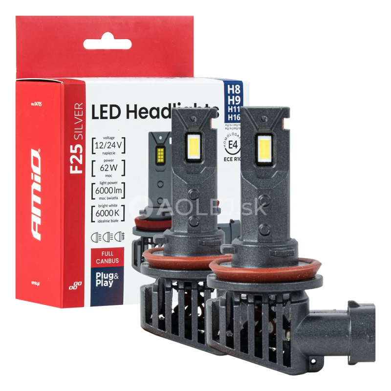 LED žiarovky hlavného svietenia Séria F25 SILVER FULL CANBUS H8/H9/H11/H16 62W 12/24V AMiO-04705