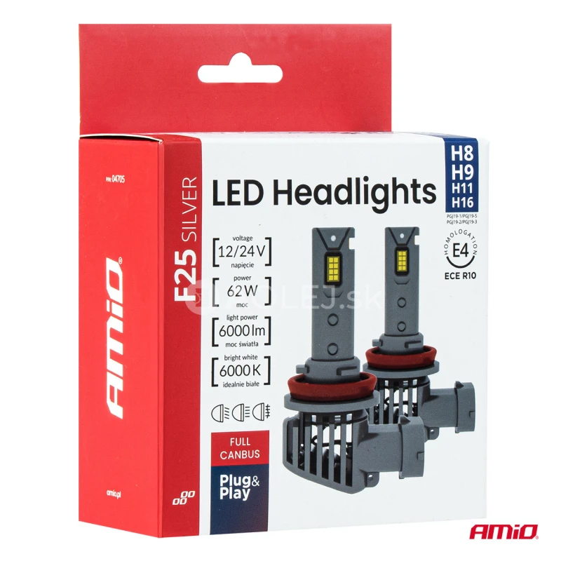 LED žiarovky hlavného svietenia Séria F25 SILVER FULL CANBUS H8/H9/H11/H16 62W 12/24V AMiO-04705
