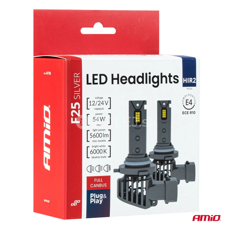 LED žiarovky hlavného svietenia Séria F25 SILVER FULL CANBUS HIR2 9012 54W 12V 24V AMiO-04708