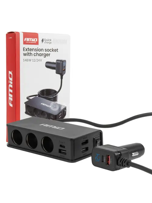 Predlžovacia z&aacute;suvka s nab&iacute;jačkou 3xUSB-A USB-C QC 3.0 PD 3.0. 148W AMiO-04836