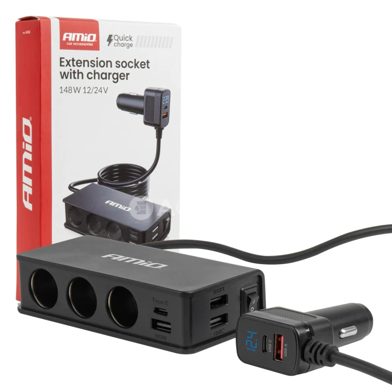 Predlžovacia zásuvka s nabíjačkou 3xUSB-A USB-C QC 3.0 PD 3.0. 148W AMiO-04836