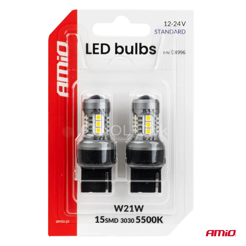 LED žiarovky STANDARD 7440 W21W 3030 15SMD White 12/24V AMIO-04996