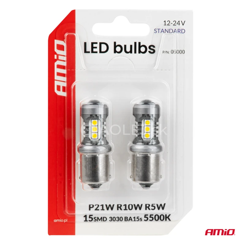 LED žiarovky STANDARD BA15S P21W 3030 15SMD White 12/24V AMIO-05000