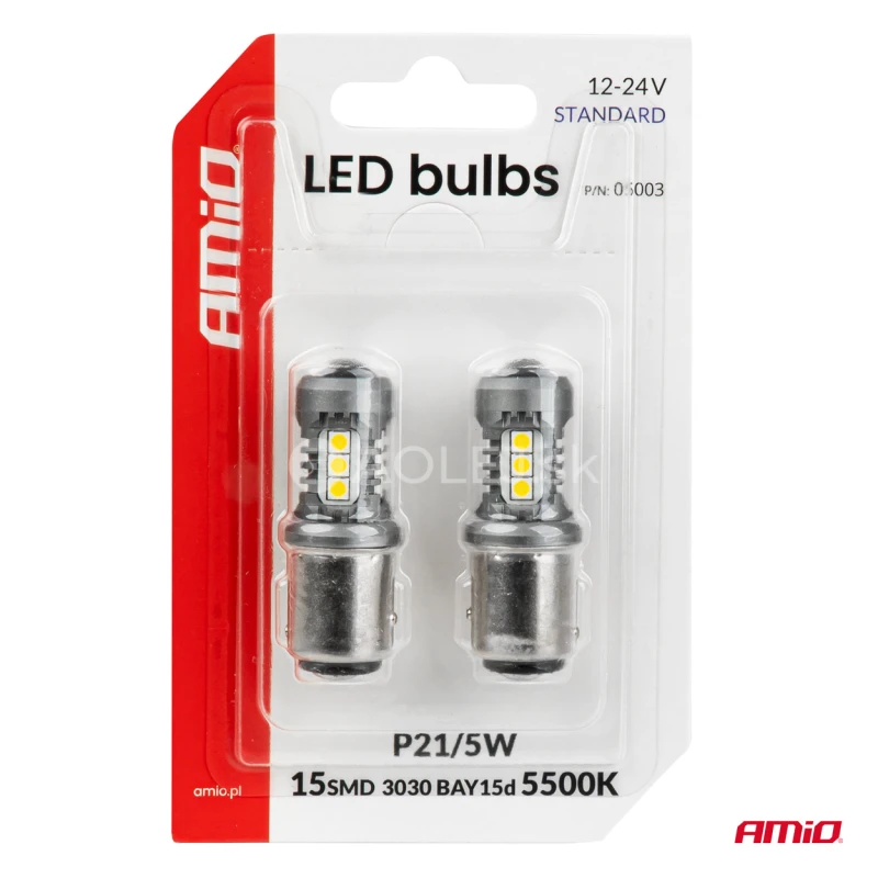 LED žiarovky STANDARD BAY15D P21/5W 3030 15SMD White 12/24V AMIO-05003