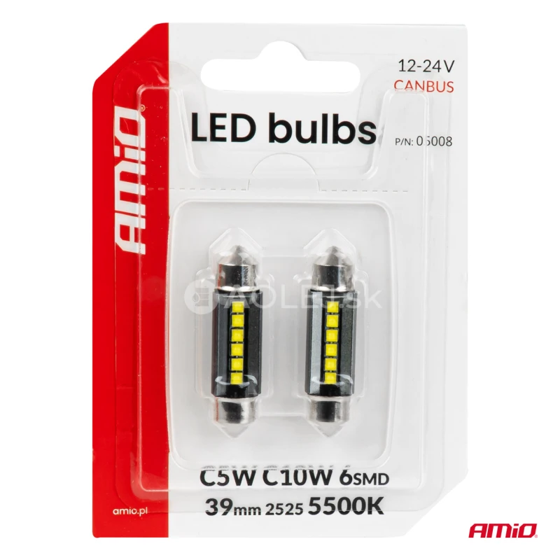 LED žiarovky CANBUS 39mm 2525 6SMD White 12/24V AMIO-05008