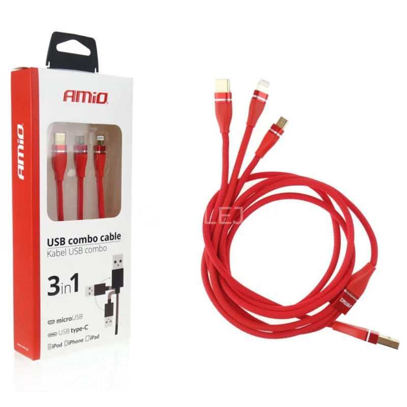 Amio Multi-k&aacute;bel pre telef&oacute;n USB C / micro USB 120cm červen&yacute; FullLINK 3.1A UC-7