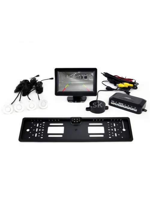 Parkovací asistent TFT01 4,3” s kamerou CAM-402 LED v podložke pod ŠPZ, 4-senzorové, biele