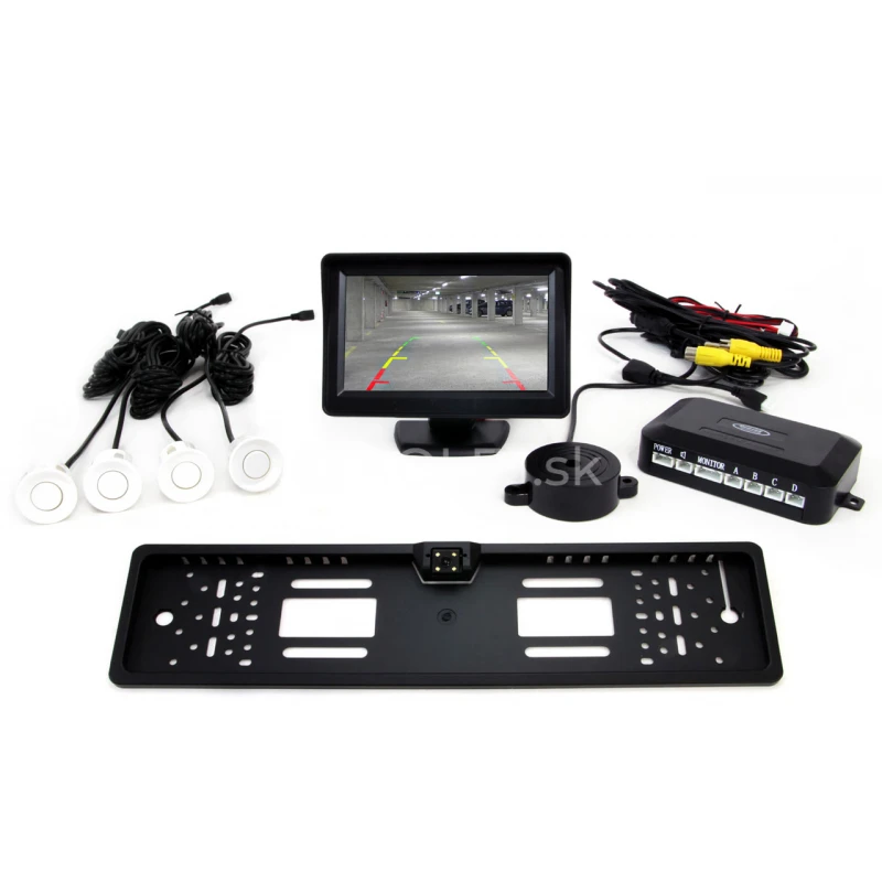 Parkovací asistent TFT01 4,3” s kamerou CAM-402 LED v podložke pod ŠPZ, 4-senzorové, biele