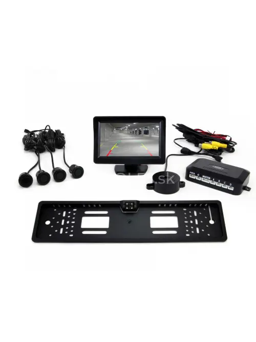 Parkovací asistent TFT01 4,3” s kamerou CAM-402 LED v podložke pod ŠPZ, 4-senzorové, čierne GOLD 18mm