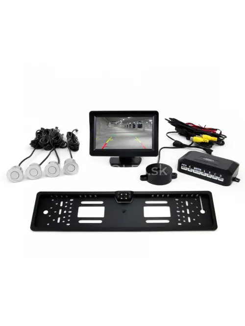 Parkovací asistent TFT01 4,3” s kamerou CAM-402 LED v podložke pod ŠPZ, 4-senzorové, strieborné
