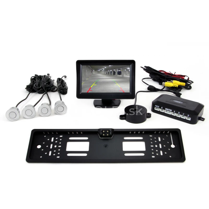 Parkovací asistent TFT01 4,3” s kamerou CAM-402 LED v podložke pod ŠPZ, 4-senzorové, strieborné