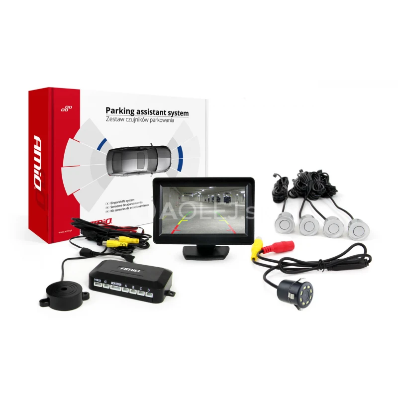 Parkovací asistent TFT01 4,3” s kamerou CAM-308 LED, 4-senzorové strieborné