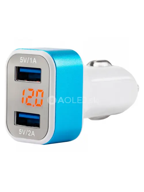 Autonabíjačka mobilného telefónu s 2xUSB + tester napätia akumulátora TEST-04