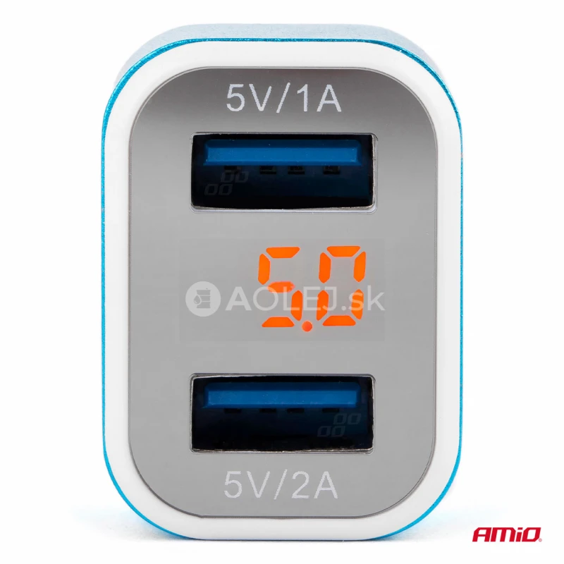 Autonabíjačka mobilného telefónu s 2xUSB + tester napätia akumulátora TEST-04