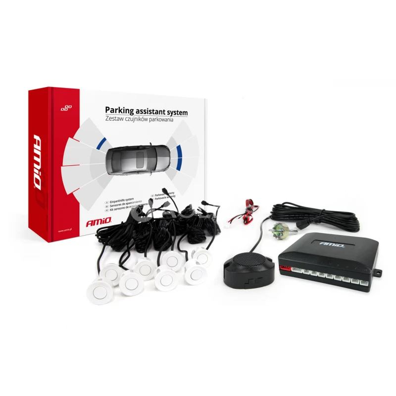 Parkovací asistent so zvukokým signalizátorom/bzučiak 8-senzorové biele