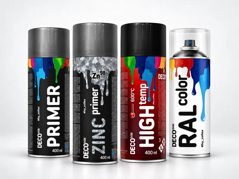 Štyri sprejové farby Zollex Deco Blik – Primer, Zinc Primer, High Temp a RAL Color